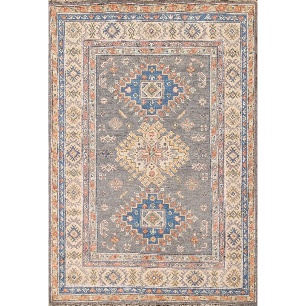 Geometric Kazak Oriental Area Rug Hand-Knotted Wool Carpet - 4'1"x 6'0"