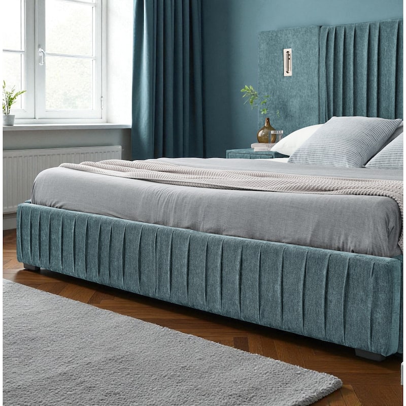 Queen Upholstered Platform Bed with Pleated Chenille Headboard, Built-in Bedside Table & Adjustable Lamps, No Box Spring