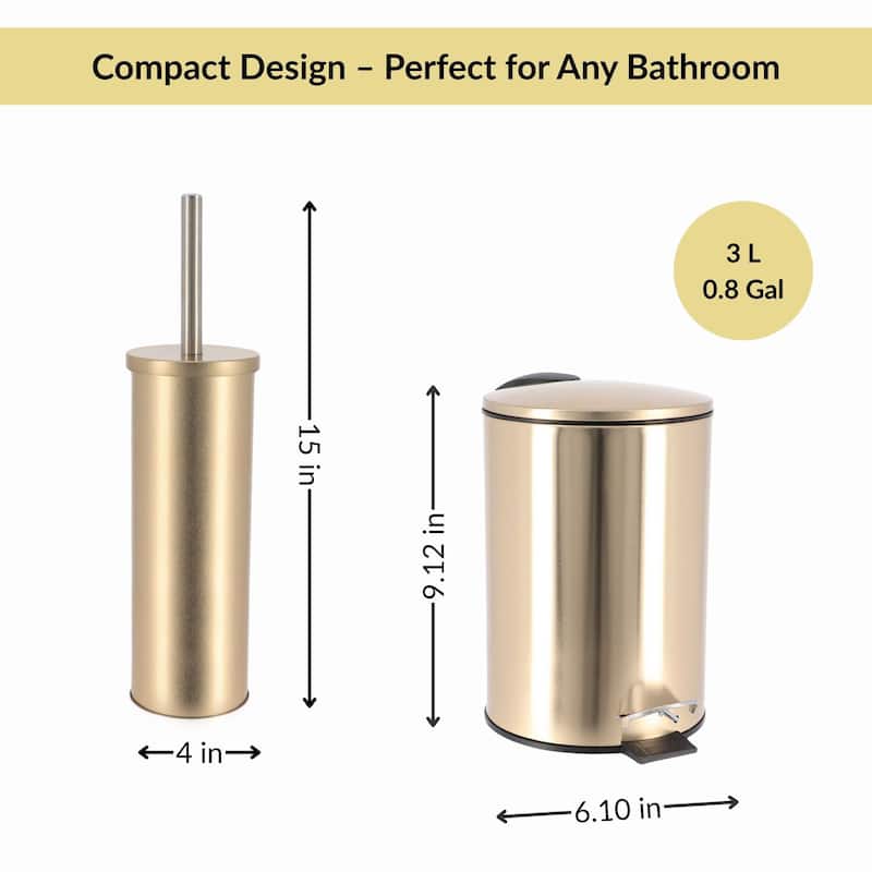 Brushed Gold Bathroom Set 0.8 Gal Trash Can and Toilet Bowl Brush - 6.1"L x 6.1"W x 15"H