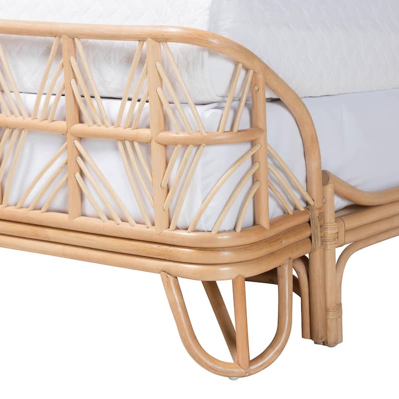 Hadley Natural Rattan Bed Frame with Openwork Geometry Headboard and Footboard, Tropical Coastal Boho Furniture, Queen