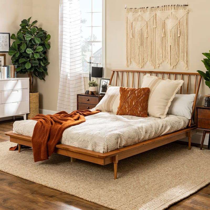 Queen Solid Pine Platform Bed with Spindle Headboard - Mid-Century Modern Design