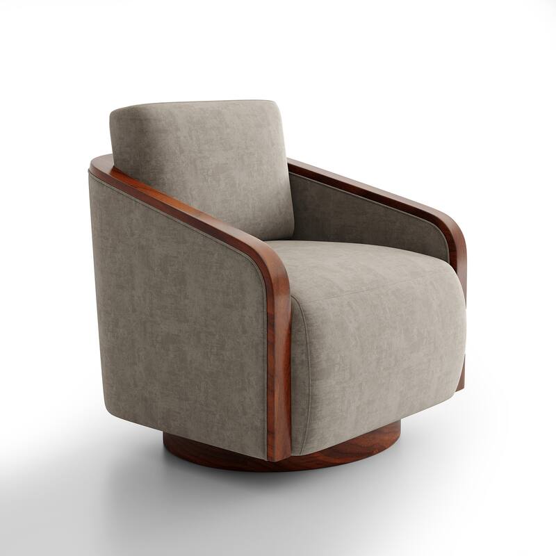 Upholstered Swivel Barrel Chair with Curved Wood Arms