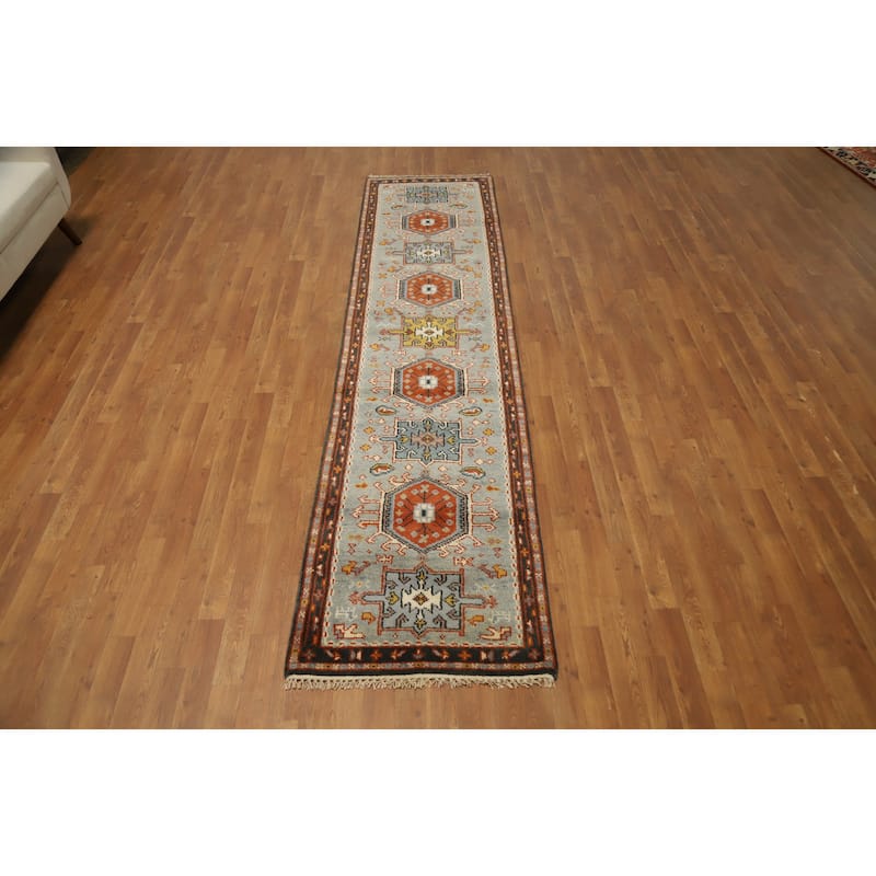 Hand Knotted Oriental 100% Wool Carpet Traditional Geometric Navy Blue & Blues Kazak Runner Rug - 10' 3'' X 2' 6''