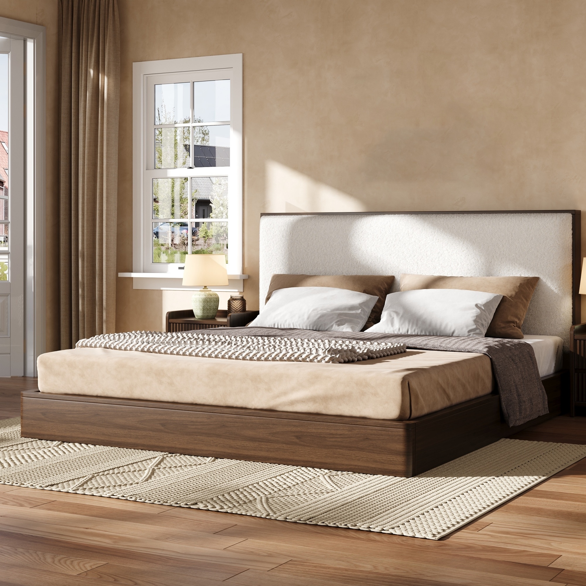 Solid Wood Platform Bed Frame with Upholstered Headboard