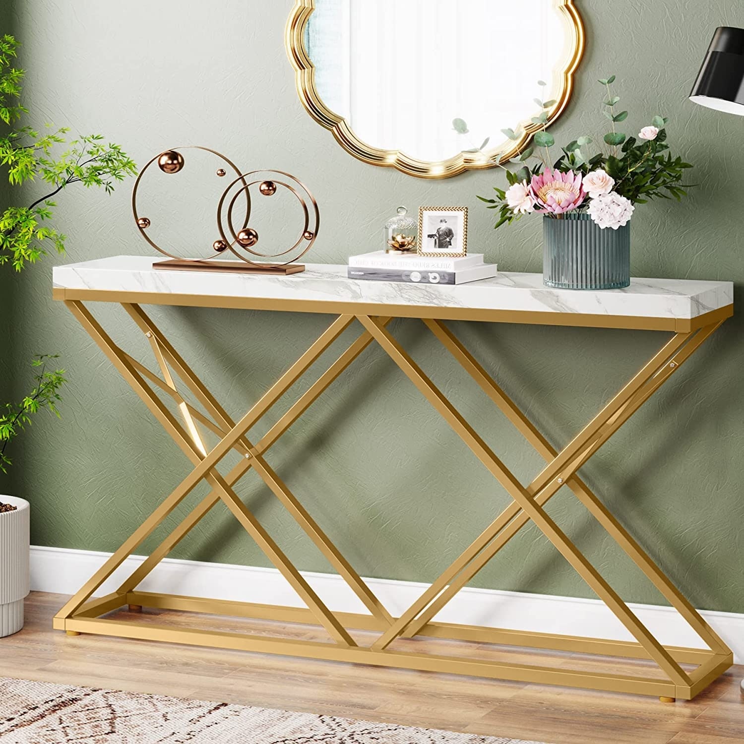 55 Inch Gold Console Table for Living Room Entryway Hallway On