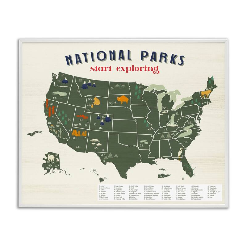 Stupell National Parks Map with Numbered Key United States Framed Wall Art - Green - 24 x 30 - White