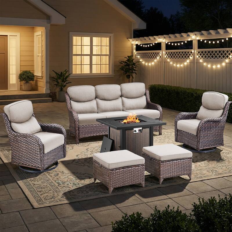 Pocassy 30 In Outdoor Propane Fire Pit Table with Patio Conversation Sets - Brown Wicker Beige Cushion - 6-Piece Sofa Swivel Chair Ottoman w/ Fie Table