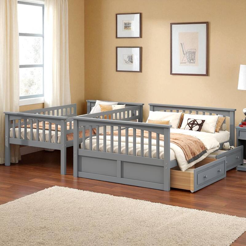 Twin over Full Bunk Bed with Drawers, Convertible to 2 Beds, Pine/MDF, Staircase & Guardrails, 79.7 x 57.5 x 61.2 in
