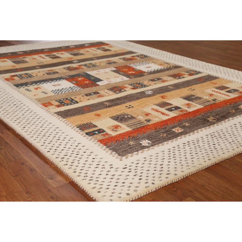Geometric Gabbeh Indian Area Rug Brown Hand-Tufted Wool Carpet - 5'3" x 7'7" - 5'3" x 7'7" - Brown