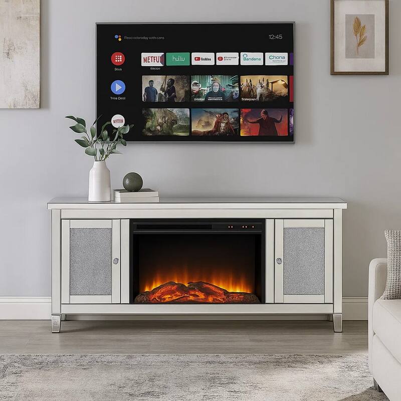 TV Stand with Electric Fireplace and Mirror Panel Framing, Silver