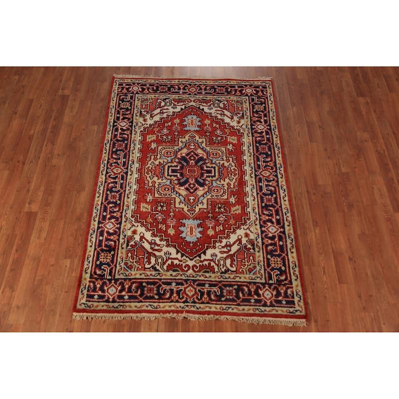 Geometric Heriz Serapi Oriental Rug Orange Handmade Wool Carpet - 4'0"x 5'10"