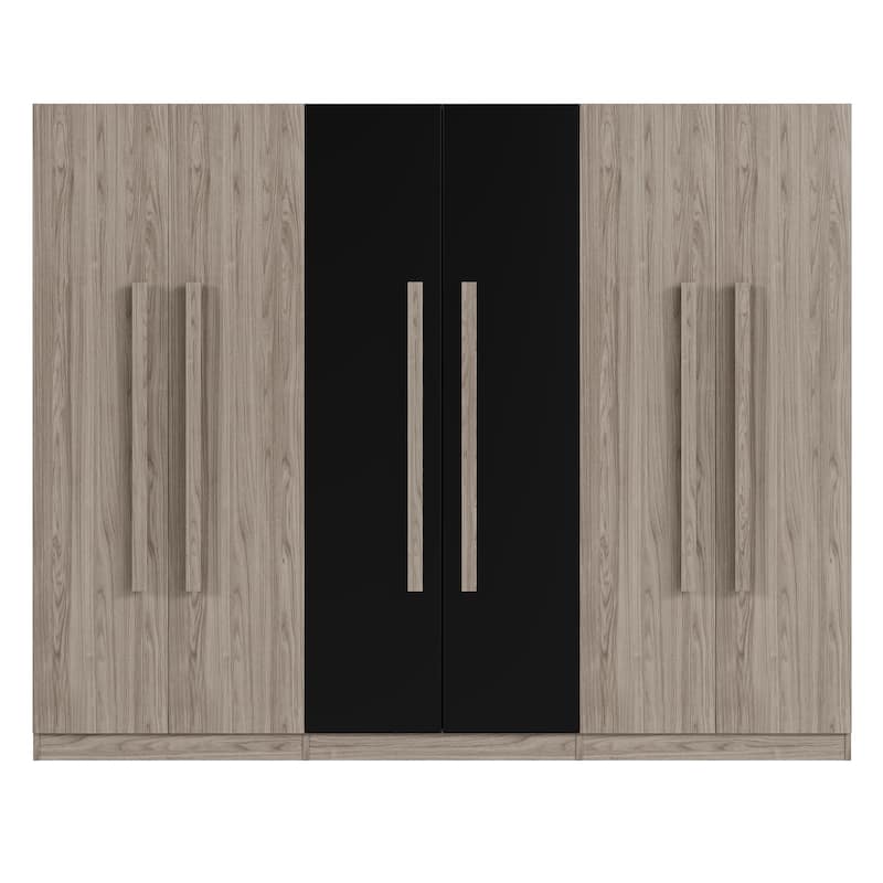 Bedroom Large Wooden Wardrobe Closet, Freestanding Clothes Storage Cabinet, Black+Natural Armoire with Folding and Hanging Areas