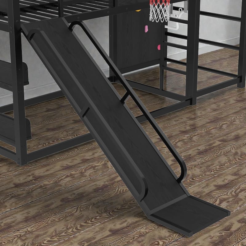 Kids Metal Loft Bed with Slide, Basketball Hoop, Climbing Wall, Pull-Up Rings and Bookshelves