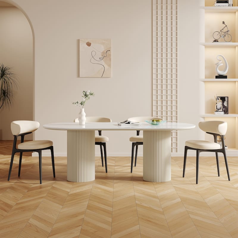 71" Modern Rectangular Dining Table with Stone Table-top, Wood Legs