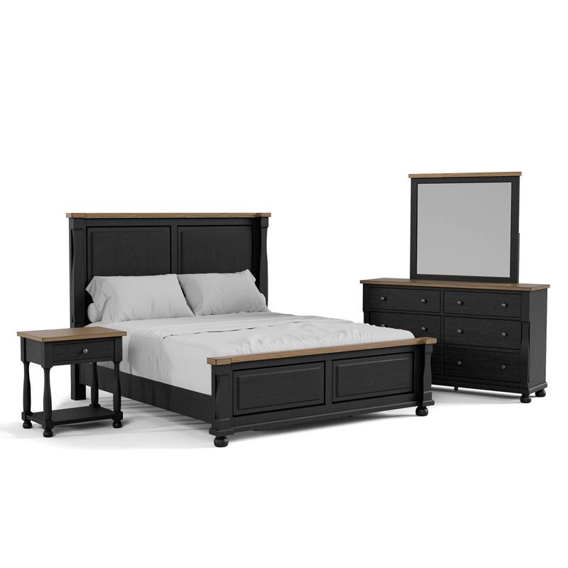 Furniture of America Lucan Modern 4-Piece Farmhouse Black Solid Wood Panel Bedroom Set