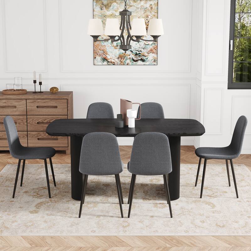 7-Piece Dining Table Set.67 * 35.4 inch wood grain MDF dining table With 6 High Resilience Dining Chairs