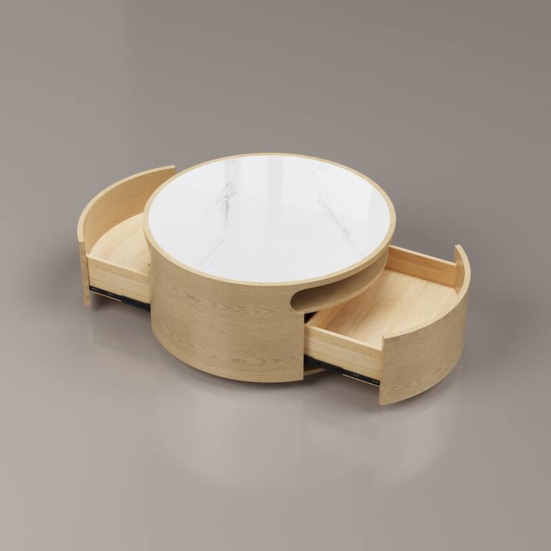 31.5" Modern Light Wood Round Coffee Table, with 2 Drawers, Solid Wood Texture, Fully Assembled
