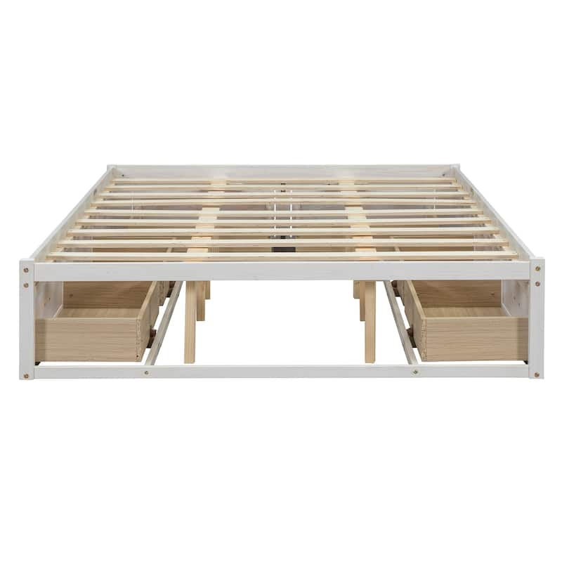 Queen Size Platform Bed Frame with 6 Built-In Storage Drawers, No Headboard, Low Profile Design in Antique