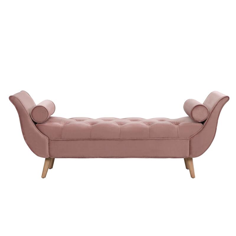 Blue Velvet Guernsey Ottoman - Button Tufted Bench with Pillows, Rolled Arms & Wood Legs