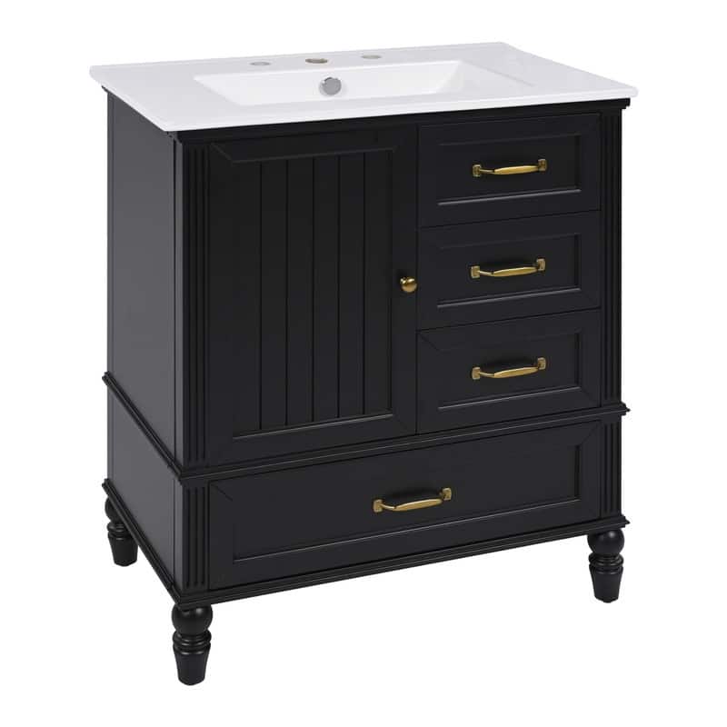 30" Bathroom Vanity with Ceramic Sink Top, Modern Bathroom Storage Cabinet with 1 Door, 3 Drawers and Solid Wood Legs
