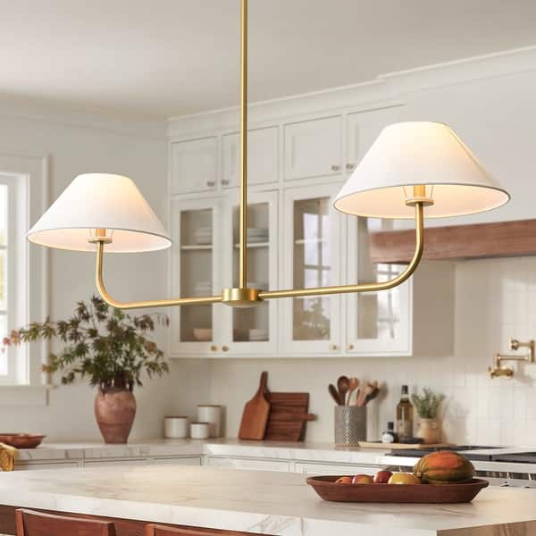 slide 2 of 24, Rennnsan 2-Light Modern Black/Gold Linear Fabric Cone Large Pendant Light for Kitchen Island Gold