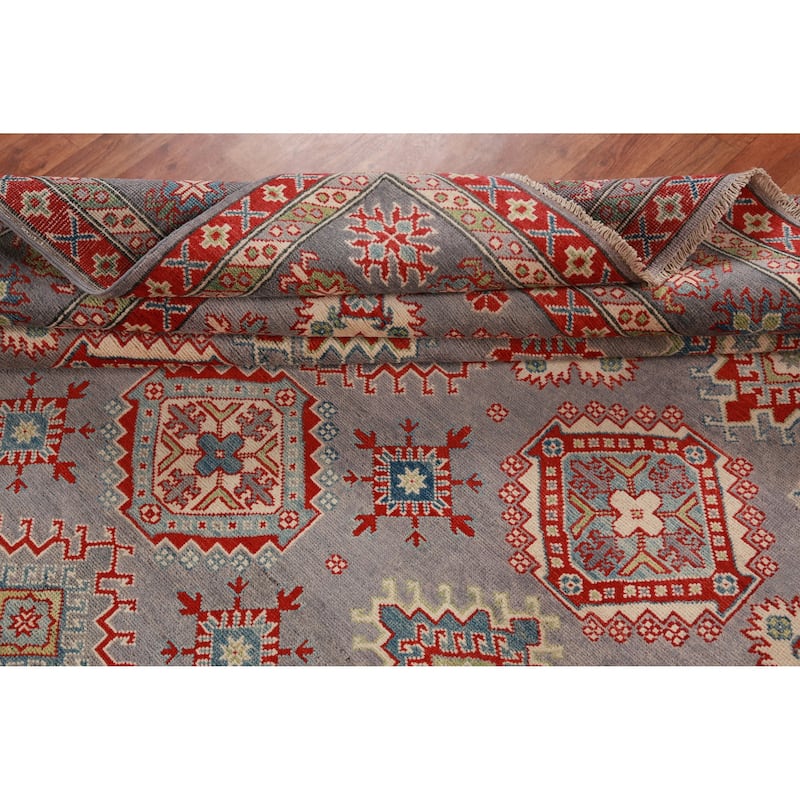 Hand Knotted Oriental 100% Wool Carpet Traditional Geometric Greys & Charcoal Kazak Area Rug - 9' 9'' X 8' 2''