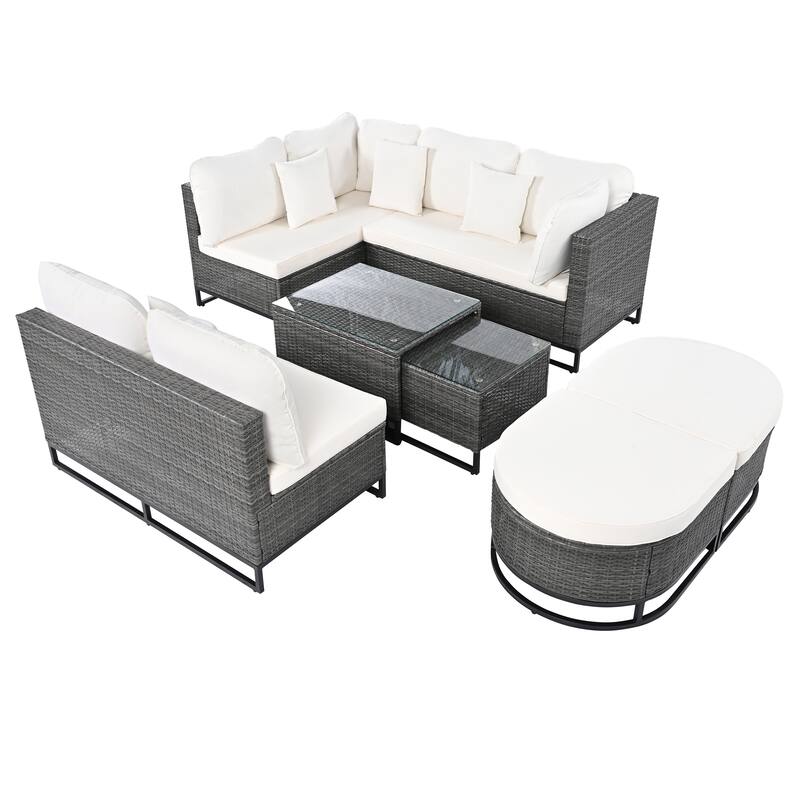 7-Piece Outdoor Wicker Sectional Sofa Set, All-Weather Patio Rattan Furniture Set with Coffee Table and Pillows