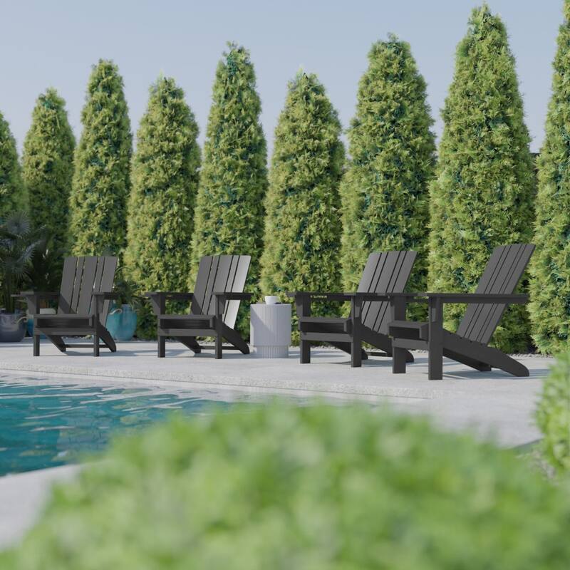 Set of 4 Commercial All-Weather Adirondack Chairs with Cupholders - Gray