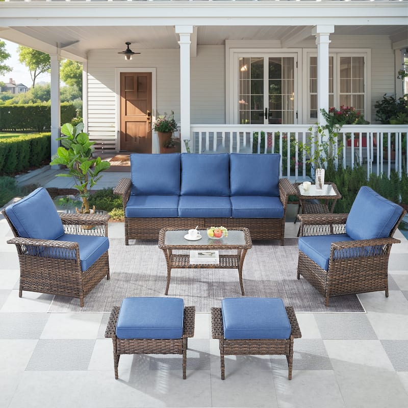 Patio Sofa with Club Chairs, Ottomans, Table - Blue - Brown