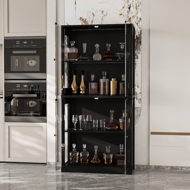 Glass Display Cabinet with 4 Doors LED Strip Light Pantry Buffet Wine Cabinet - 31.5"x65"