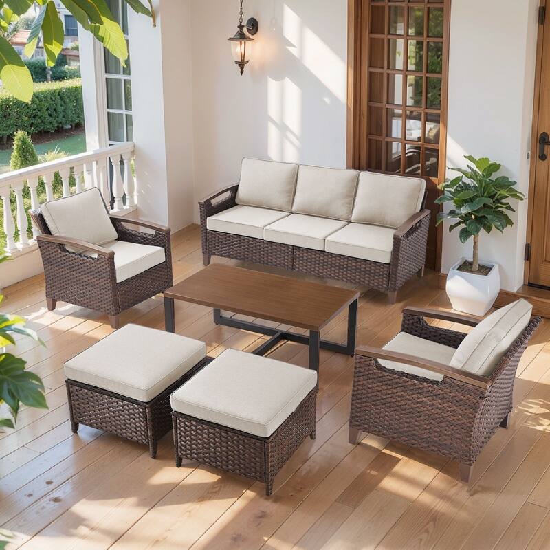 Pocassy Outdoor Brown Wicker Funitre with Cushion Set - Beige Cushion - Sofa with Club Chair Table Ottoman Set