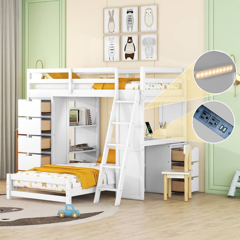 White Twin Over Twin Bunk Bed with LED Light and USB Ports, Storage Drawers, Shelves, and Desk - White