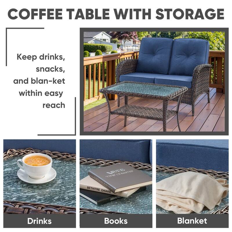 Outdoor Swivel Chairs Table with Loveseat Sofa-Blue - Brown