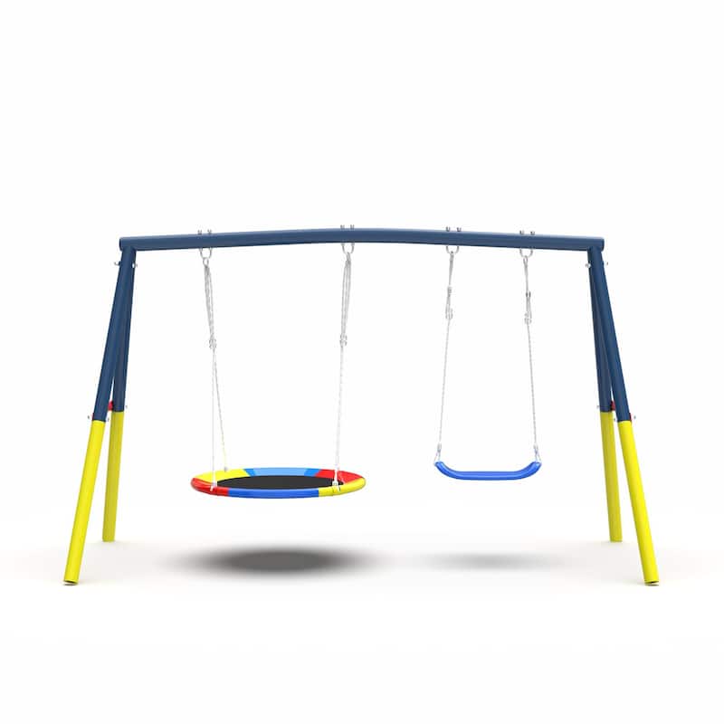 Heavy-Duty A-Frame Metal Outdoor Swing Set with 1 Saucer Swing Seat and 1 Belt Swings Seat