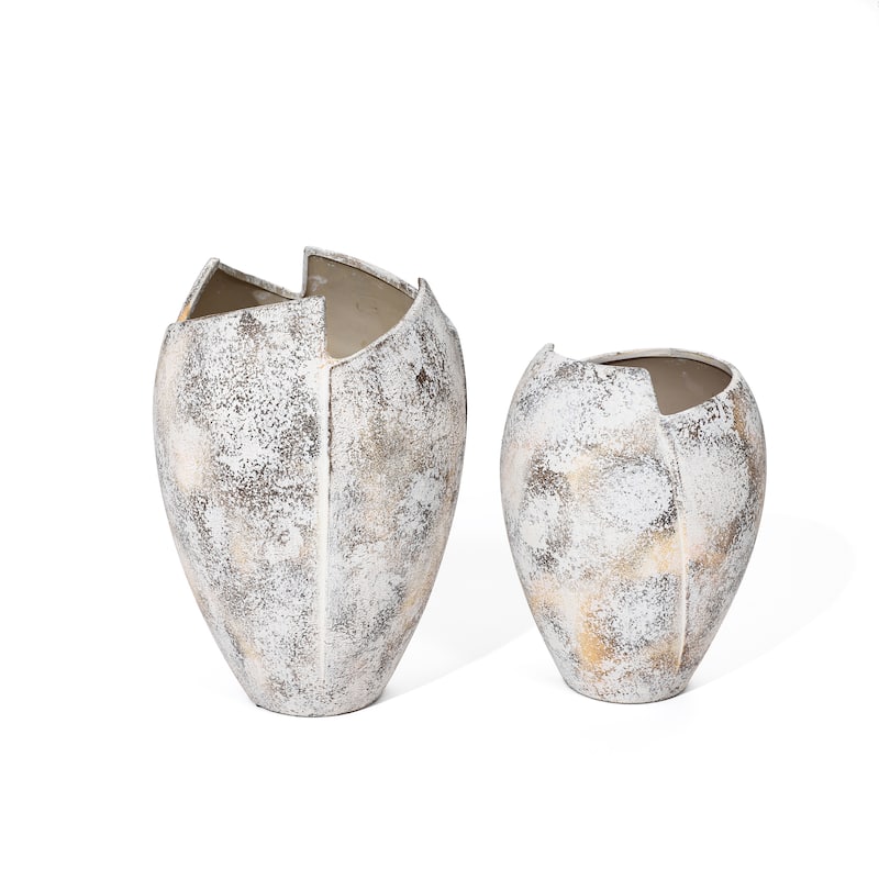 Marbled White Modern Jagged Top Urn Tall Stoneware Vase (Single)