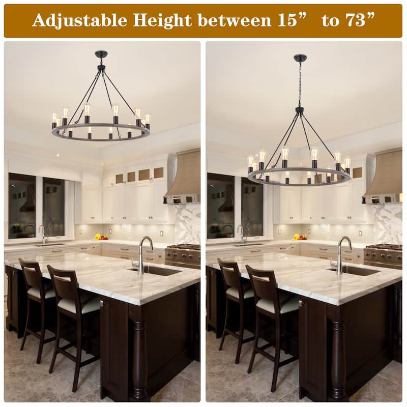 35.43-inch Round Wagon Wheel Chandelier, 12-light Adjustable Chandelier for Living Room Kitchen Island Dining Foyer