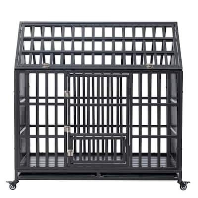 47.2" Heavy-Duty Dog Crate - Lockable Wheel Kennel w/Ventilation & Removable Trays, Black