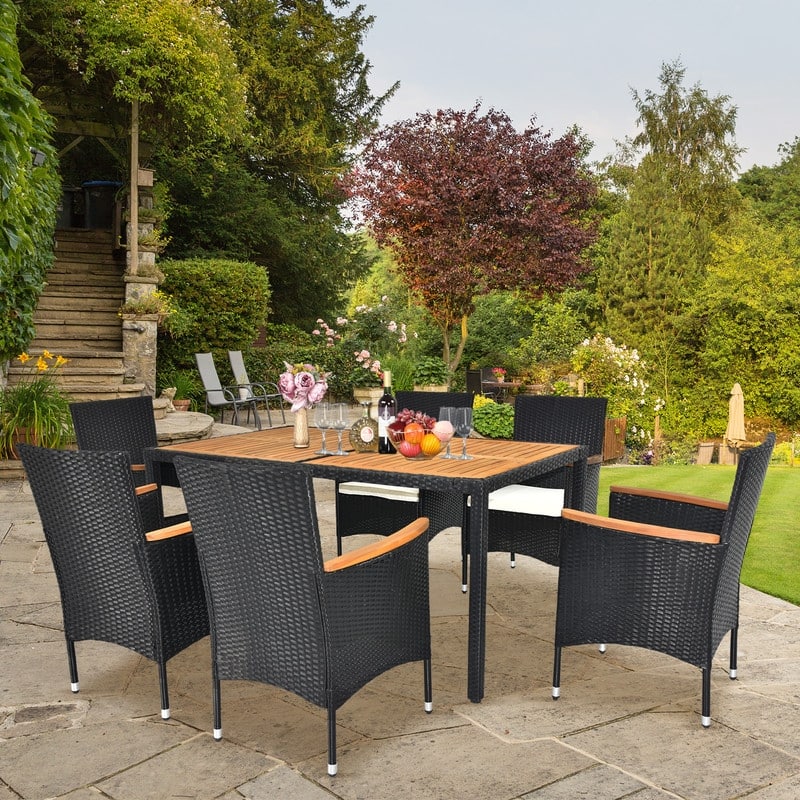 Patio 7-Piece Wicker Acacia Wood Outdoor Dining Set with Beige Cushion