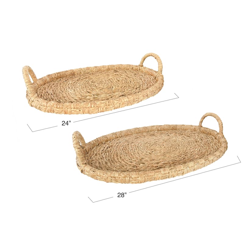 Decorative Handwoven 24" & 28" Oval Seagrass & Rattan Trays with Handles (Set of 2 Sizes)