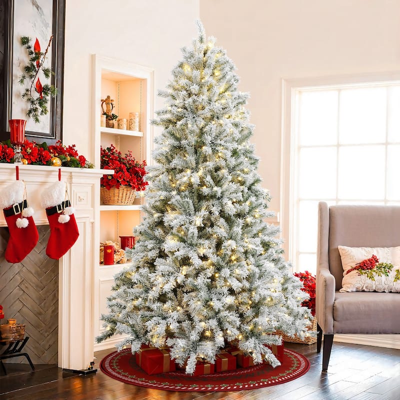 7.5Ft Pre-Lit Hinged Snow Flocked Full Fir Artificial Christmas Tree with 8 Lighting Modes - 90" H x 61.8" Diameter
