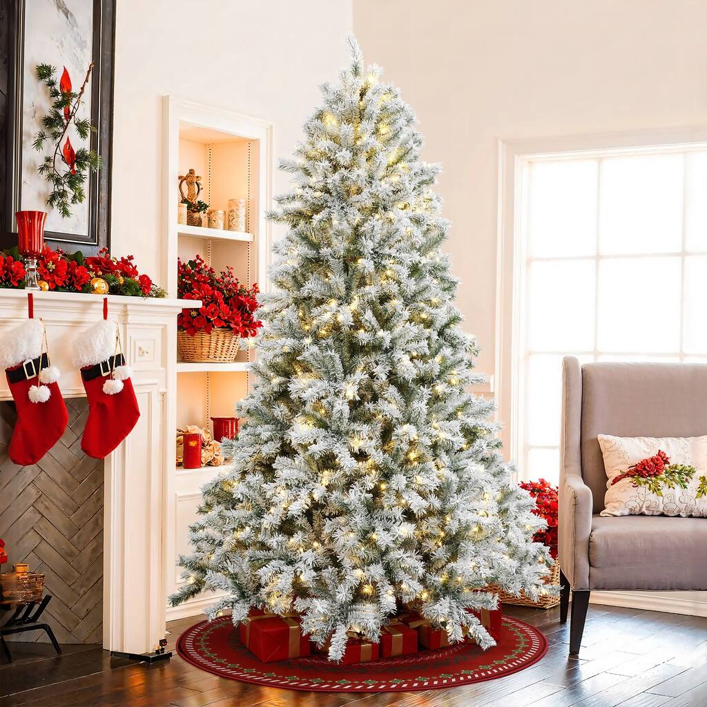 7.5Ft Pre-Lit Hinged Snow Flocked Full Fir Artificial Christmas Tree with 8 Lighting Modes - 90" H x 61.8" Diameter