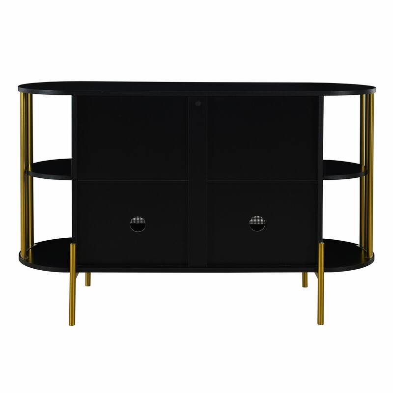 2-Door Curved Dining Cabinet - Elegant with Gold Trim and Woven Rattan Doors