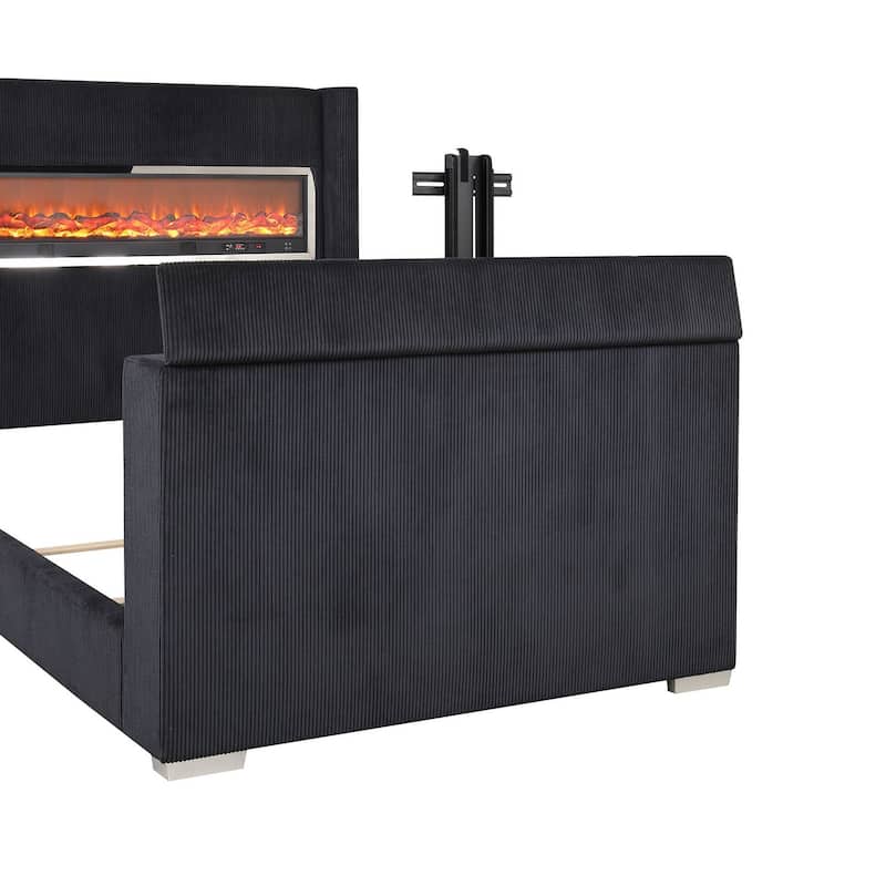 Contemporary Black 3D Fireplace Wingback USB Bluetoth Audio 1PC Bed