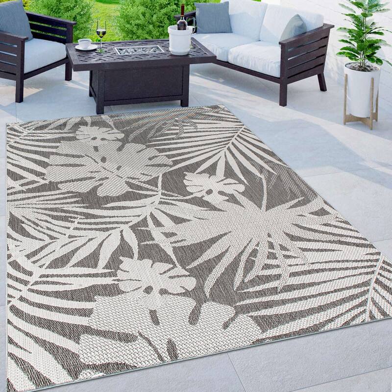 Contemporary Tropical Leaves Indoor/Outdoor Flatweave Waterproof Backyard Patio Area Rug