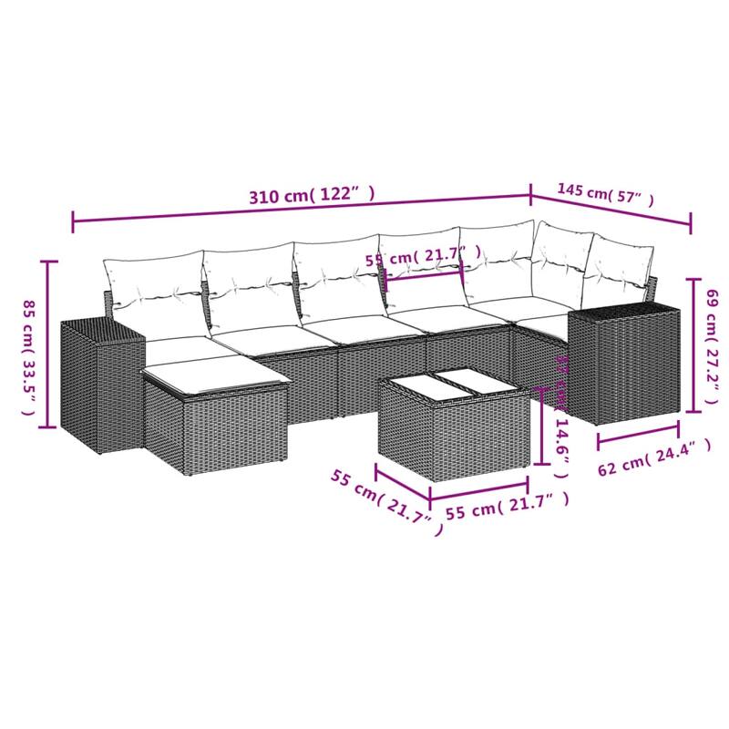 vidaXL 7/8 Piece Patio Sofa Set with Cushions Black/Brown/Gray Poly Rattan - 24.4 x 24.4 x 27.2