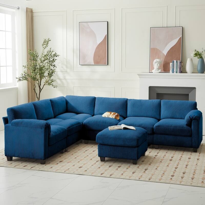 Corduroy Corner Sectional Sofas with a Removable Ottoman, L-shaped Reversible 7-seat Modular Couch - Navy - Reversible