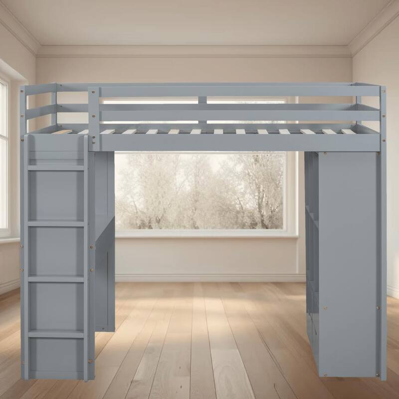 Twin Size Loft Bed with LED Lights, Shelves, and Writing Desk, Perfect Space-Saving Solution for Small Rooms, Bedroom Furniture - Grey - Twin