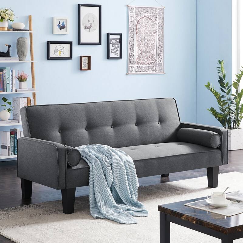 Linen Fabric Modern Convertible Sofa Bed with Removable Armrests - Dark Grey