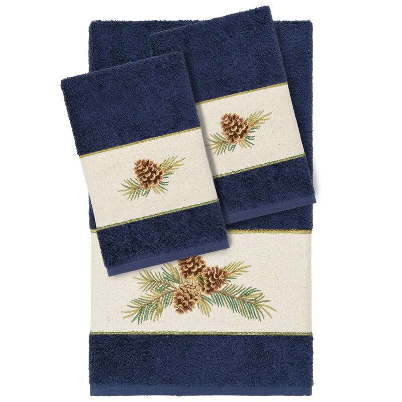 Authentic Hotel and Spa 100% Turkish Cotton Pierre 3PC Embellished Towel Set - Midnight Blue