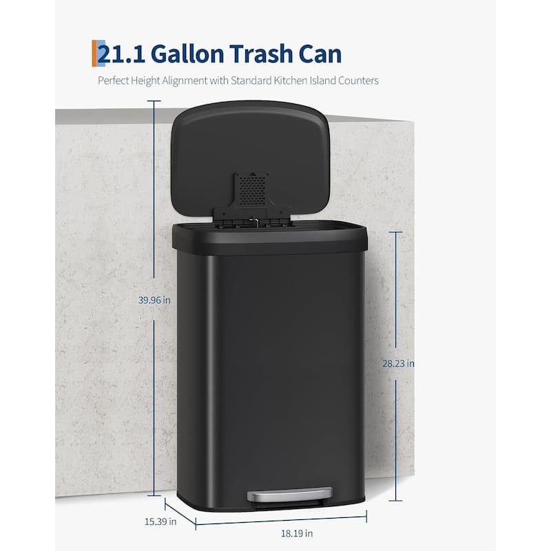 21 Gal Step-on Stainless Steel Trash Can with Soft-Close Lid for Home, Kitchen, Office